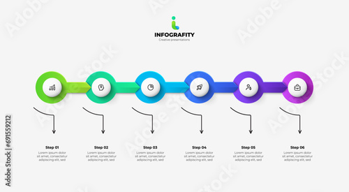 Six circles are arranged in a horizontal row with arrows. Concept of six steps of business timeline. Creative infographic design template photo