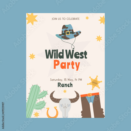 Flat style wild west cowboy party invitation, poster