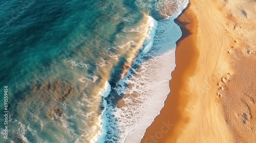 Aerial view of the sandy beach with sea
