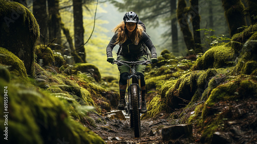 Woman riding bicycle in mountain forest landscape © Inlovehem
