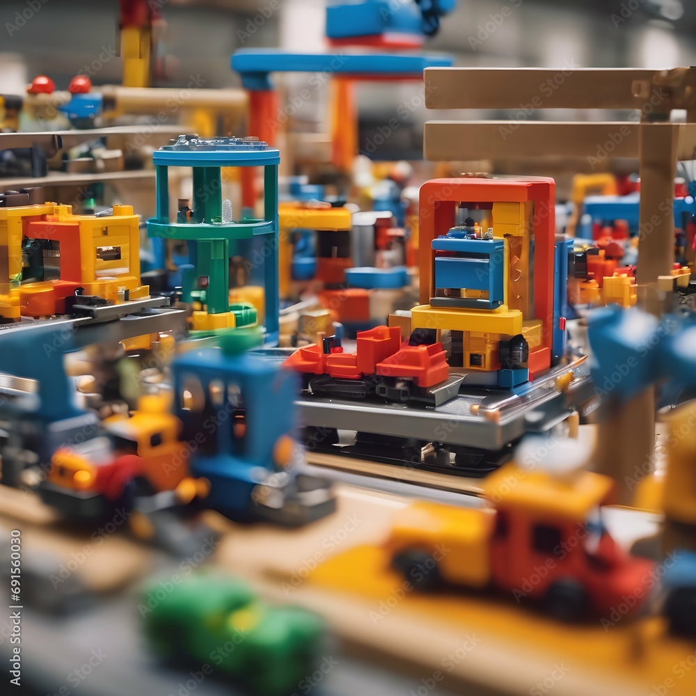 Fototapeta premium Toy Manufacturing Factory Illustrating a scene where toys are being manufactured on assembly lines, showcasing the production process