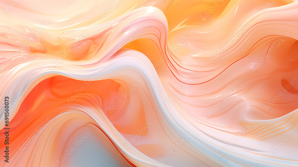 Vibrant digital art of flowing liquid in pink and orange hues. Trend color peach fuzz. Concept: promotional banner, interior design, background, wallpaper. Vibrant digital art of flowing liquid in pink and orange hues. Trend color peach fuzz. Concept: promotional banner, interior design, background, wallpaper.