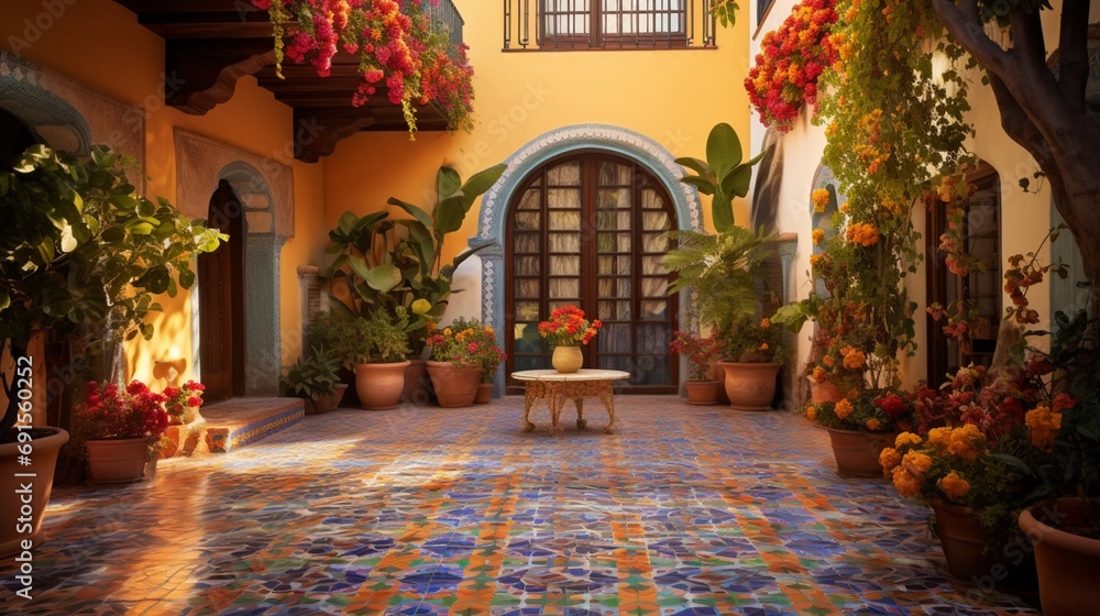 A courtyard with a table surrounded by potted plants and flowers. A courtyard with a table surrounded by potted plants and flowers.