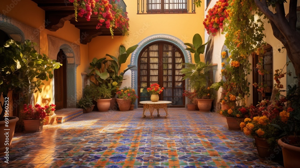 A courtyard with a table surrounded by potted plants and flowers.