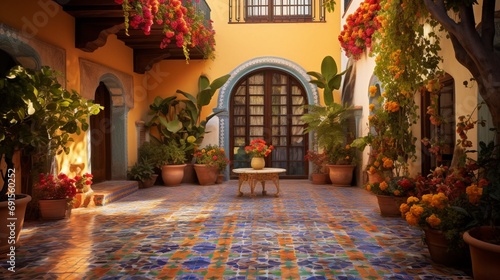  A beautiful courtyard in the style of Spanish architecture, with colorful tiles and potted plants