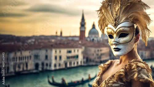 Eleganza Mascherata- Un Modello alla Moda con Maschera Veneziana in uno Scenario Urbano Sfocato photo