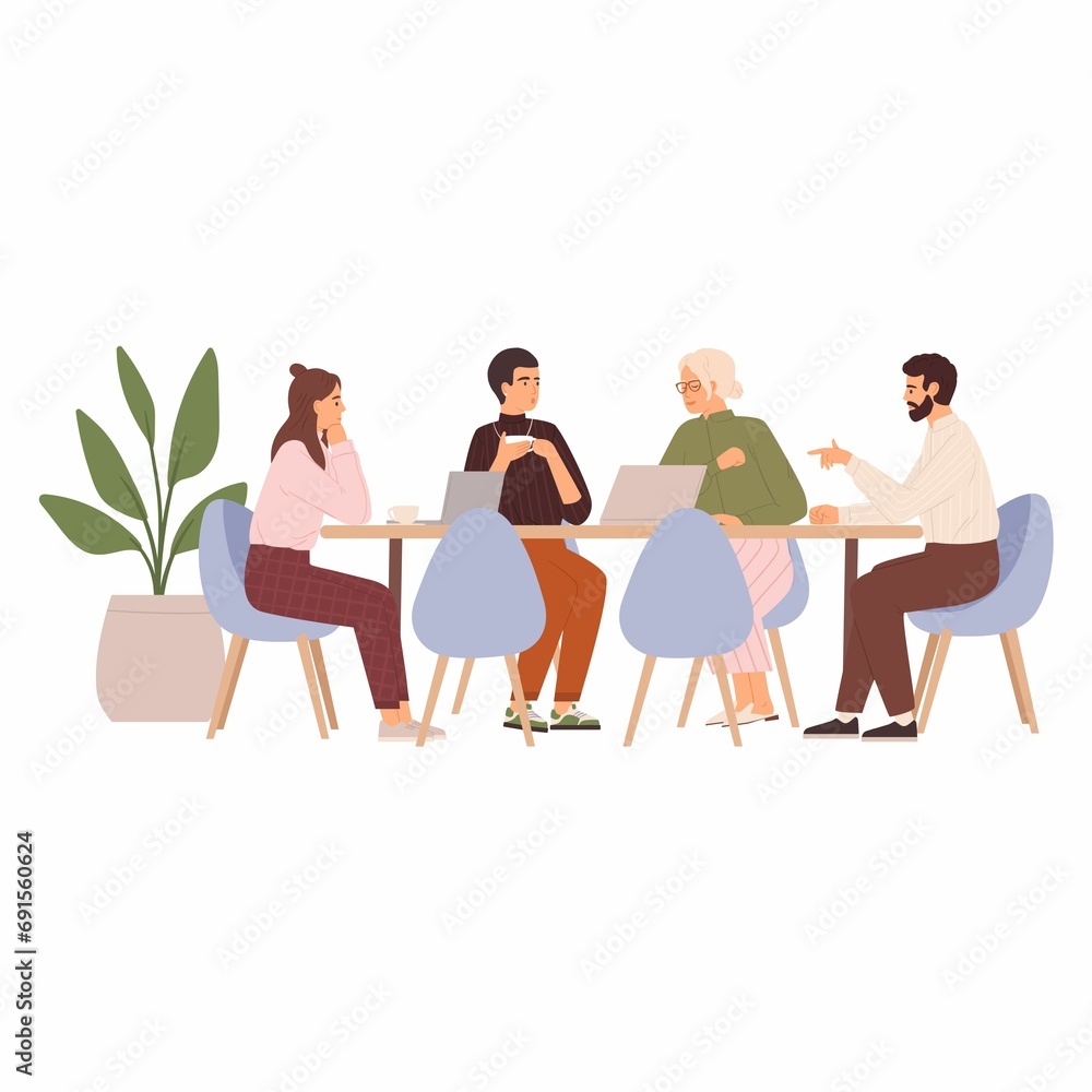 group of people in a cafe, business meeting.