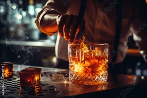 Close up shot of barman hand pouring drink into a cocktail glass