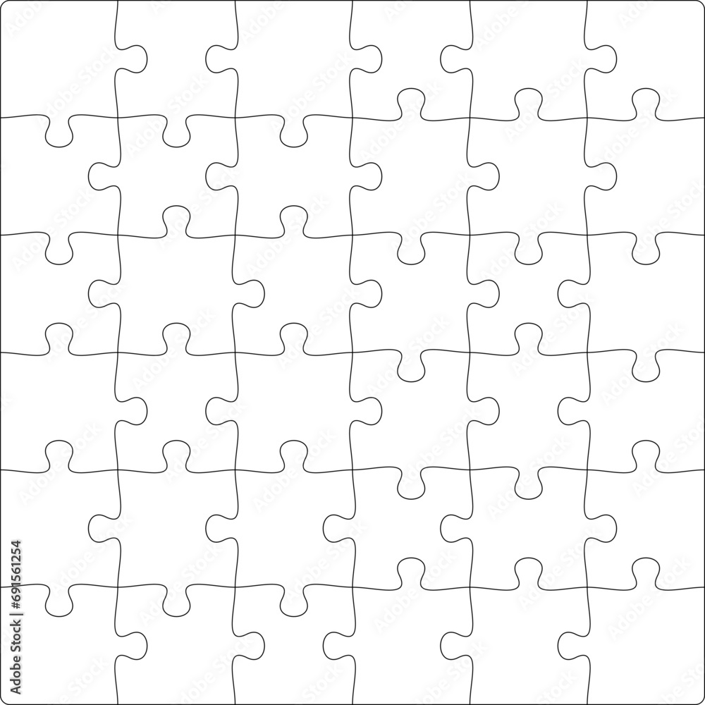 Puzzles grid template 6x6. Jigsaw puzzle pieces, thinking game and jigsaws detail frame design. Business assemble metaphor or puzzles game challenge vector.