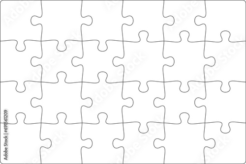 Puzzles grid template 6x4. Jigsaw puzzle pieces, thinking game and jigsaws detail frame design. Business assemble metaphor or puzzles game challenge vector.