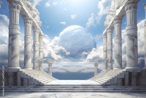 Cloudy Sky Accented by Elegant Ancient White Marble Pillars and Steps
