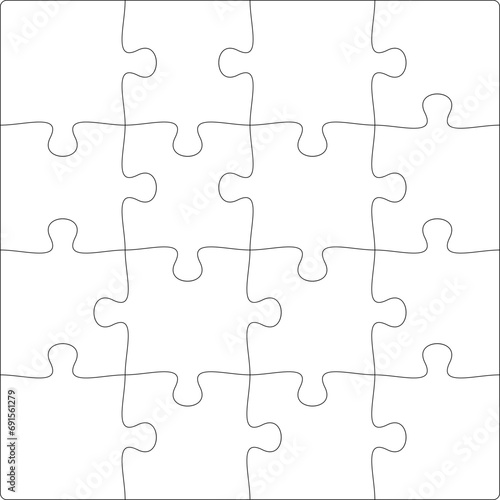 Puzzles grid template 4x4. Jigsaw puzzle pieces, thinking game and jigsaws detail frame design. Business assemble metaphor or puzzles game challenge vector.