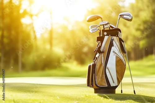 Golf bag on green grass in golf course with bright sunlight