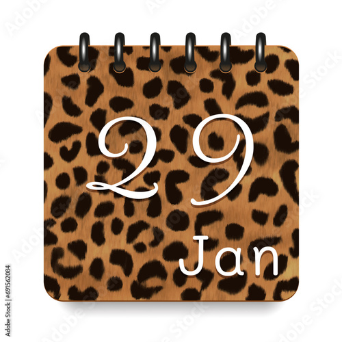 29 day of the month. January. Leopard print calendar daily icon. White letters. Date day week Sunday, Monday, Tuesday, Wednesday, Thursday, Friday, Saturday.  White background. Vector illustration.