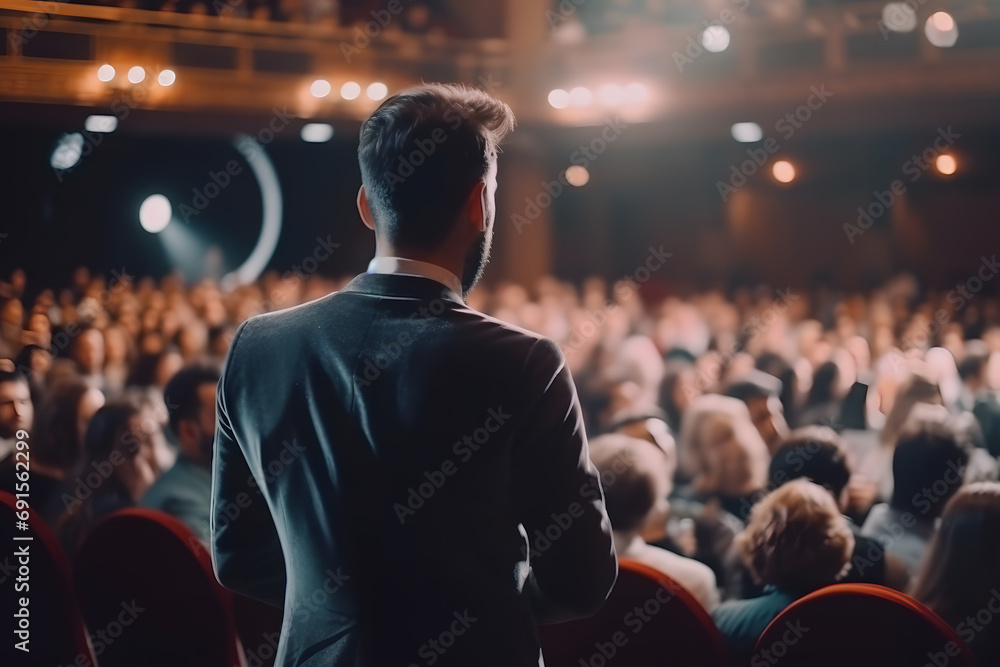 Speaker Giving a Talk at Business Meeting. Audience in the conference hall. Neural network AI generated art Speaker Giving a Talk at Business Meeting. Audience in the conference hall. Neural network AI generated art