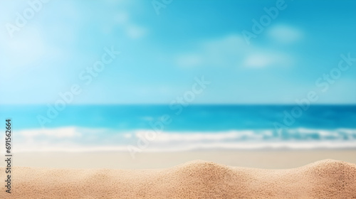 Sand banner with blank space for text  blue sea background blur 