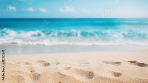 Sand banner with blank space for text, blue sea background blur,