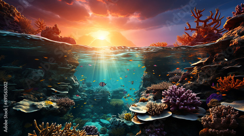 Beautiful coral reef under the sea between with sunrise photo
