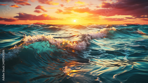 Beautiful waves in the ocean with sunset