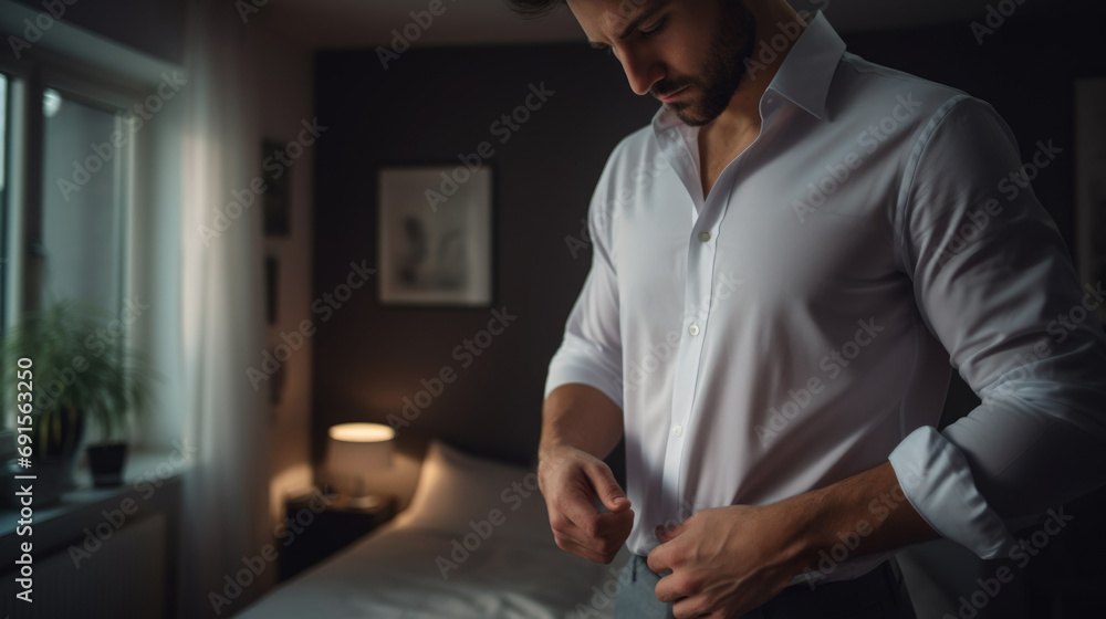Closeup cropped portrait of a young business man dressing himself at home Closeup cropped portrait of a young business man dressing himself at home