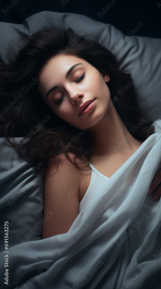 Naklejka premium Beautiful Caucasian woman peacefully sleeping on a bed. Restful sleep, asleep. Generative AI.