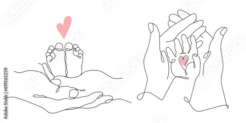 Vector one line art set of illustrations of mother and father holding a new born baby heels and hands in Lineart style photo