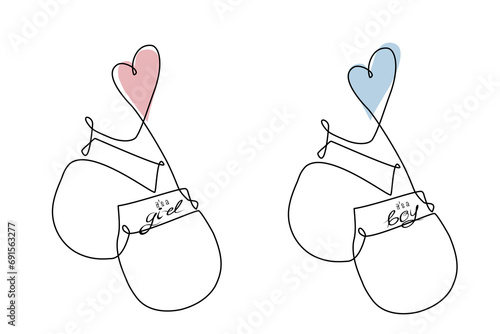 Vector one line art illustration of baby`s bootees. It's a girl or It's a boy for postcard or baby shower card