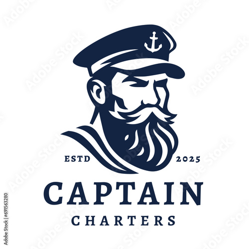 Boat charter captain logo. Mustache bearded sailor icon. Maritime skipper emblem. Vintage nautical seafarer symbol. Vector illustration.