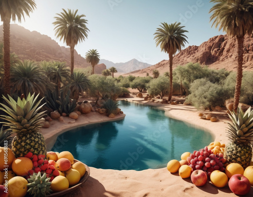 A fruit oasis in the middle of the desert, filled with a variety of tropical fruits, an oasis for relaxation