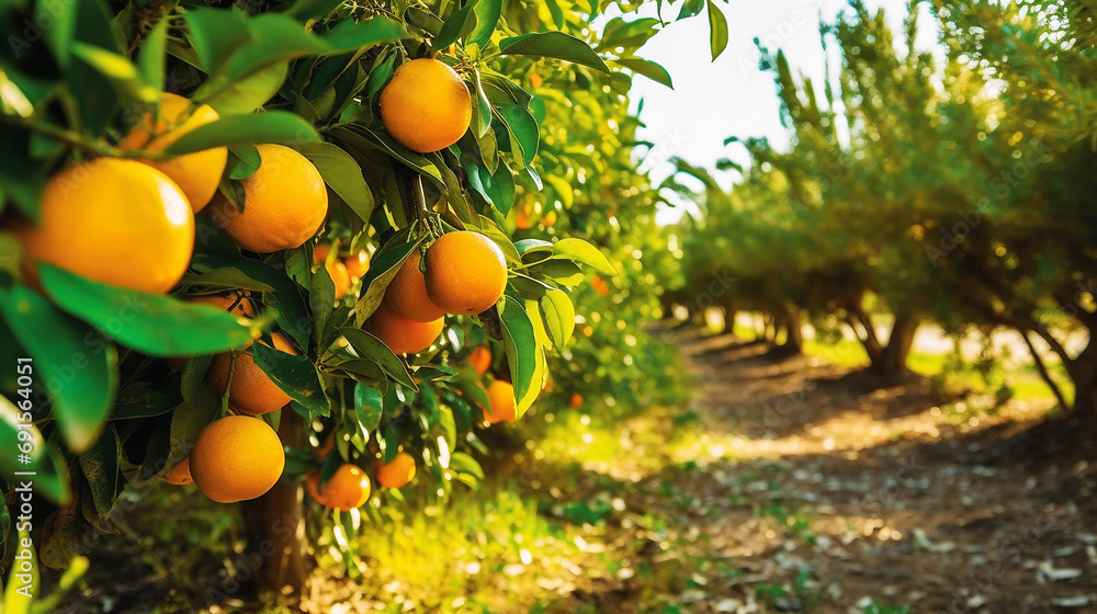 Orange grove with orange fruits on the trees
