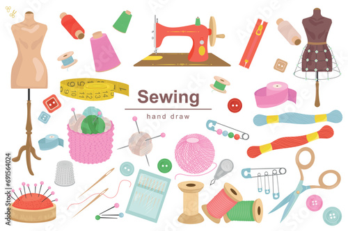 Sewing mega set in flat design. Bundle elements of mannequin, thread spools, sew machine, fastener, measuring tape, pins, scissors, buttons and other. Vector illustration isolated graphic objects