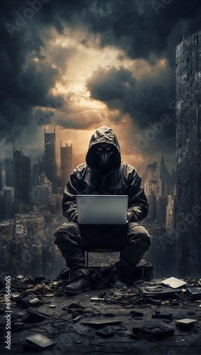 person with laptop in the clouds