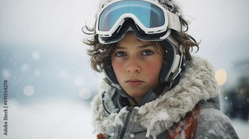portrait of a boy at a ski resort. copy space