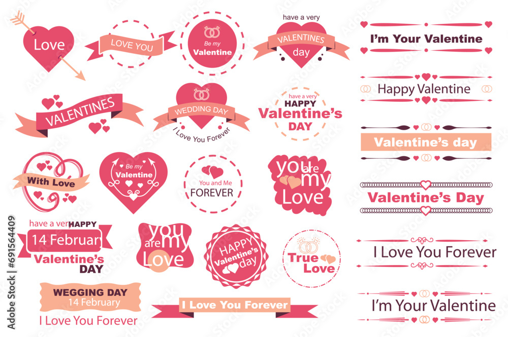 Valentine Day banners mega set in flat design. Bundle elements of romantic inscriptions and quotes on ribbons, labels, border frames, dividers decoration. Vector illustration isolated graphic objects Valentine Day banners mega set in flat design. Bundle elements of romantic inscriptions and quotes on ribbons, labels, border frames, dividers decoration. Vector illustration isolated graphic objects