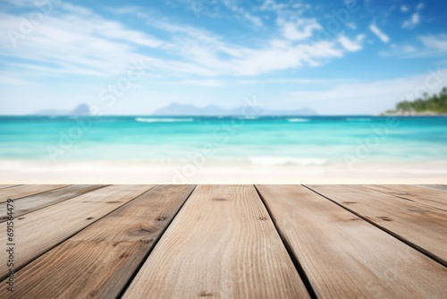 Empty Wooden Planks With Blur Beach And Sea On background