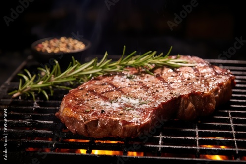 Entrecote Beef Steak On Grill With Rosemary Pepper And Salt
