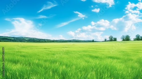 Green grass field landscape and blue sky background