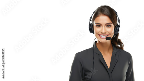 Young call center agent with headsets smiling isolated over white background, Telemarketing sales or Customer service operators concept, copy space photo