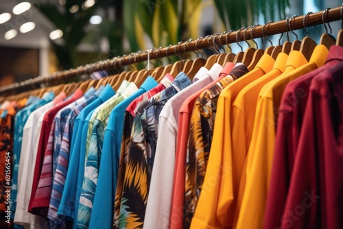Fashion clothes, colorful shirts displayed in shop at shopping mall