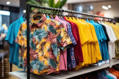 Fashion clothes, colorful shirts displayed in shop at shopping mall © Celina