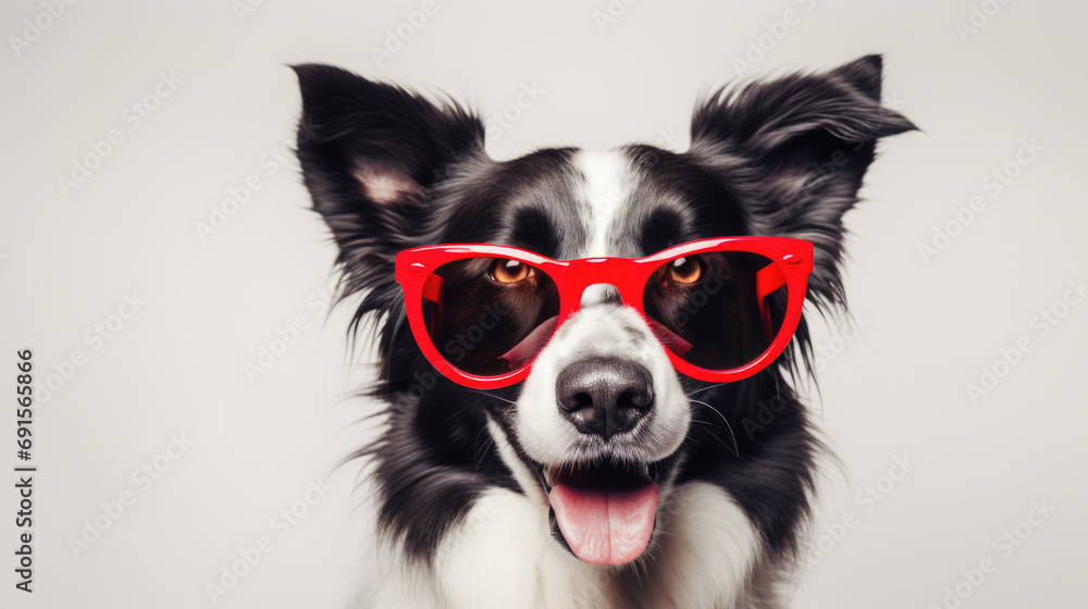 ?lose-up of a happy Border Collie dog , wearing bright red glasses, smiling with its tongue out in a cheerful and playful manner.