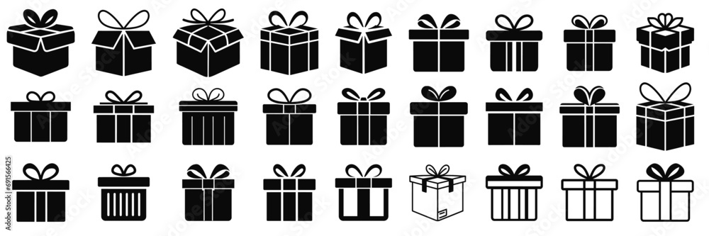 Gift box for the holiday. Silhouette of boxes in black. Vector gift box symbol.  - obrazy, fototapety, plakaty 