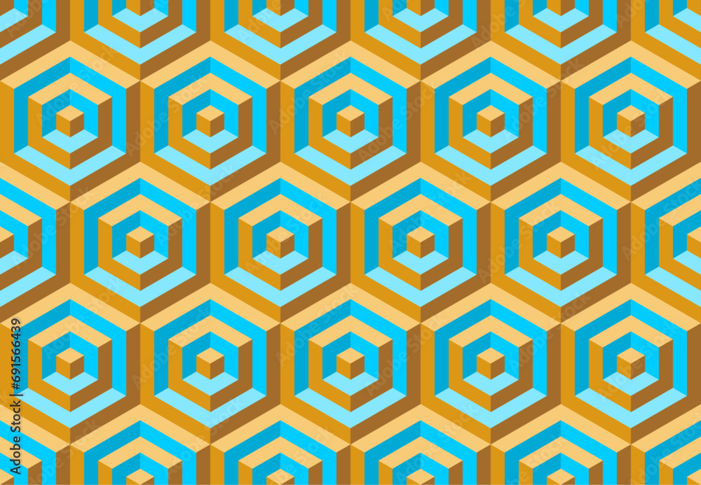 Seamless vector 3D pattern with cubes for wrapping, cover design, cards, fabric, design interior, packing. Colorful modern illustration. Blue and yellow geometric design. 3D Tile. Op Art. 