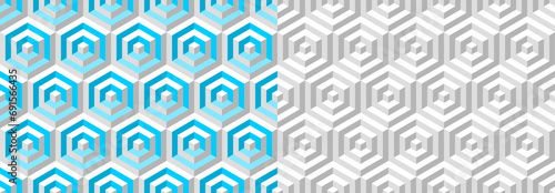 Seamless vector 3D geometric pattern for wrapping, cover design, cards, fabric, design interior, packing. Premium set modern illustration. White and blue geometric design. 3D Tile. Op Art.