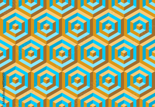 Seamless vector 3D pattern with cubes for wrapping, cover design, cards, fabric, design interior, packing. Colorful modern illustration. Blue and yellow geometric design. 3D Tile. Op Art. 