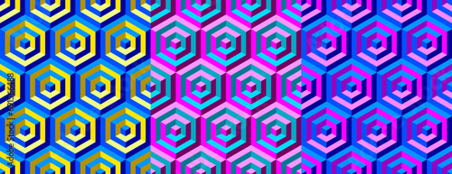 Seamless vector 3D geometric pattern for wrapping, cover design, cards, fabric, design interior, packing. Premium set modern illustration. Blue, pink and yellow geometric design. 3D Tile. Op Art.