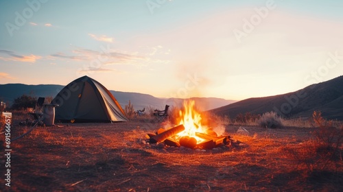 Camp fire, tent and mountains in the background at sunset
