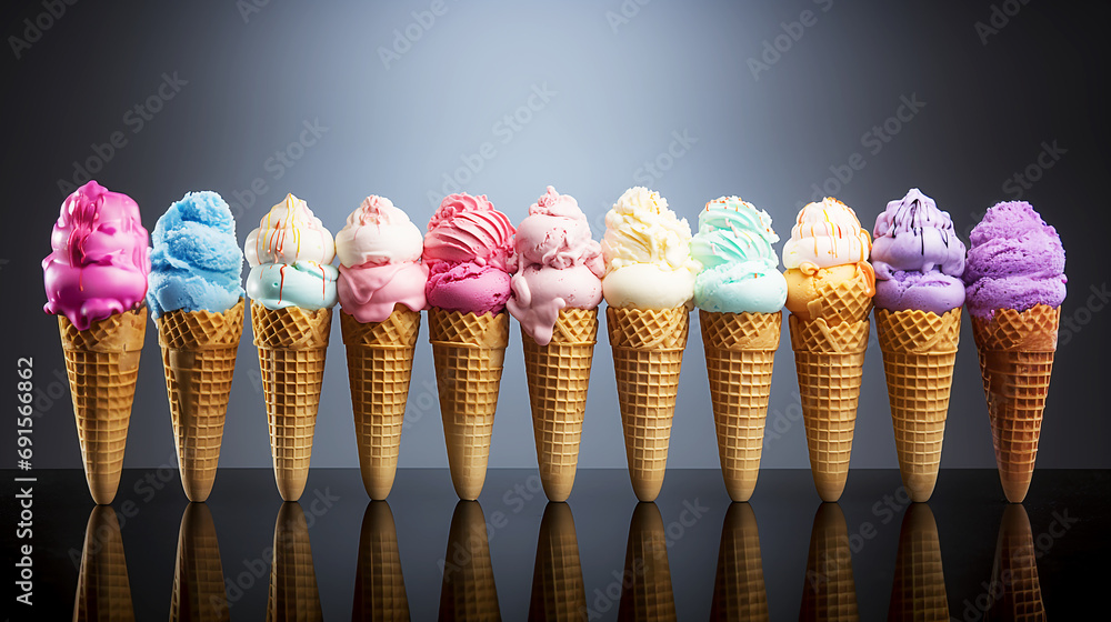 Set rainbow ice cream cone on blue background