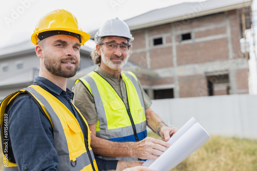 Young man worker construction engineer male working cooperate with senior project supervisor in construction site happy smile.