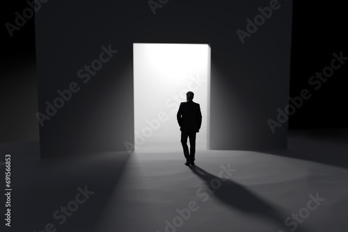 a man stands in front of the open doors towards the light